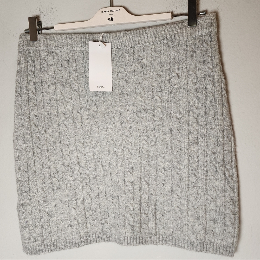 NWT MNG Mango Grey Faux Wool Pull-On Cable Knit Lightweight Sweater Mini Skirt L